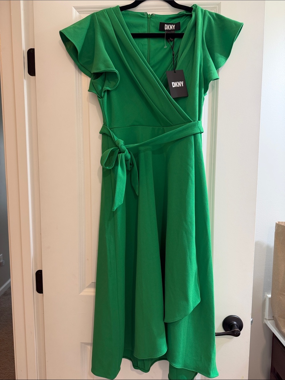DKNY Emerald Green Wrap Midi Dress with Flutter Sleeves